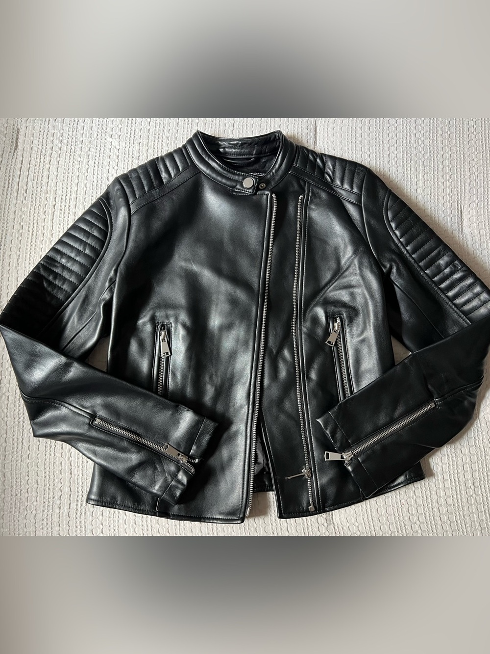 Black Leather Moto Jacket - Women's Quilted Sleeve Biker Coat